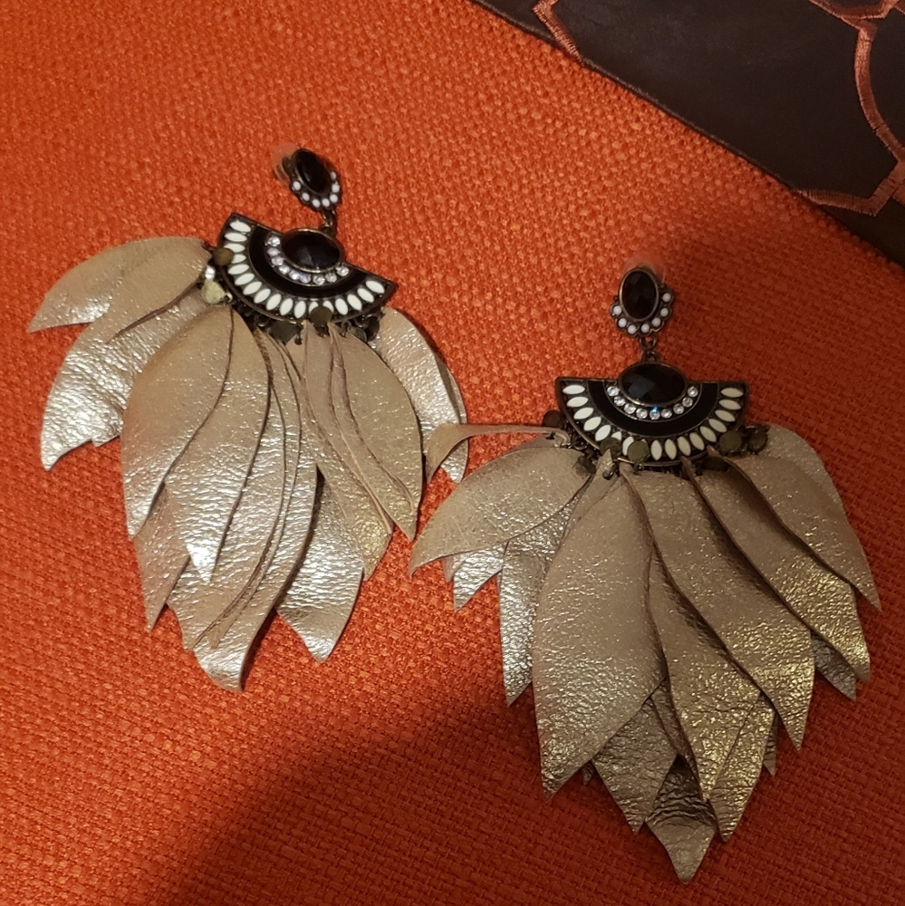 Beautiful Elegant Handcrafted Gold Leather Earrings. Rhinestone Accent